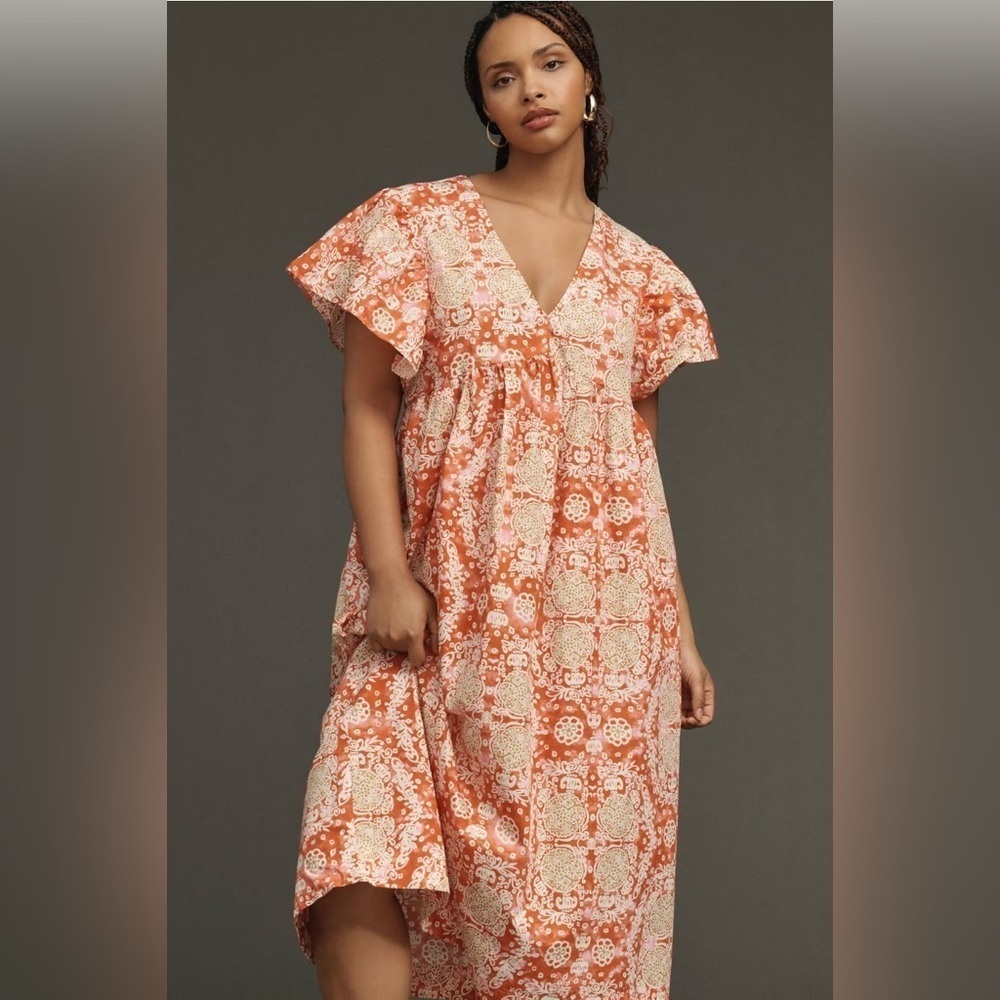 Anthropologie Maeve Printed Flutter-Sleeve Babydoll Dress sz S